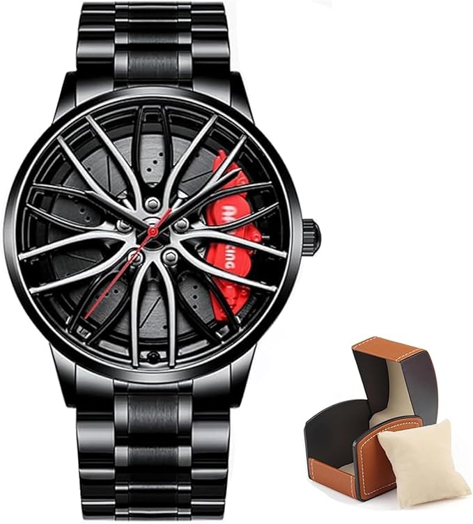 Car Watches for Men,Waterproof Stainless Steel Japanese Quartz Wrist Watch Sports Men’s Watches with Car Wheel Rim Hub